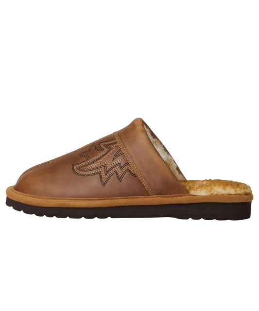 Left side view of men's distressed brown leather slipper with acrylic faux fur lining