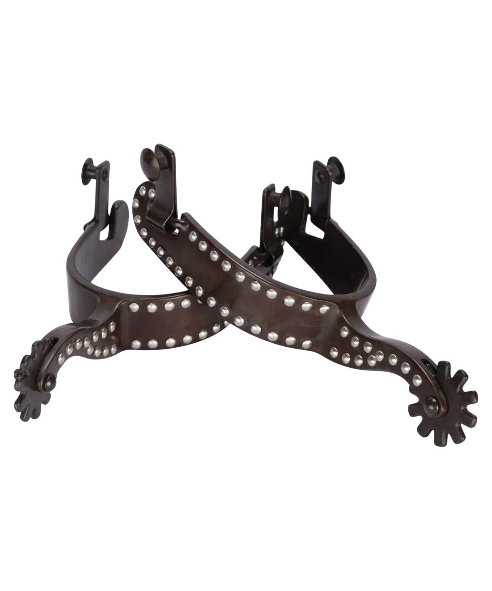 Side view of the women's antiqued brown steel spurs