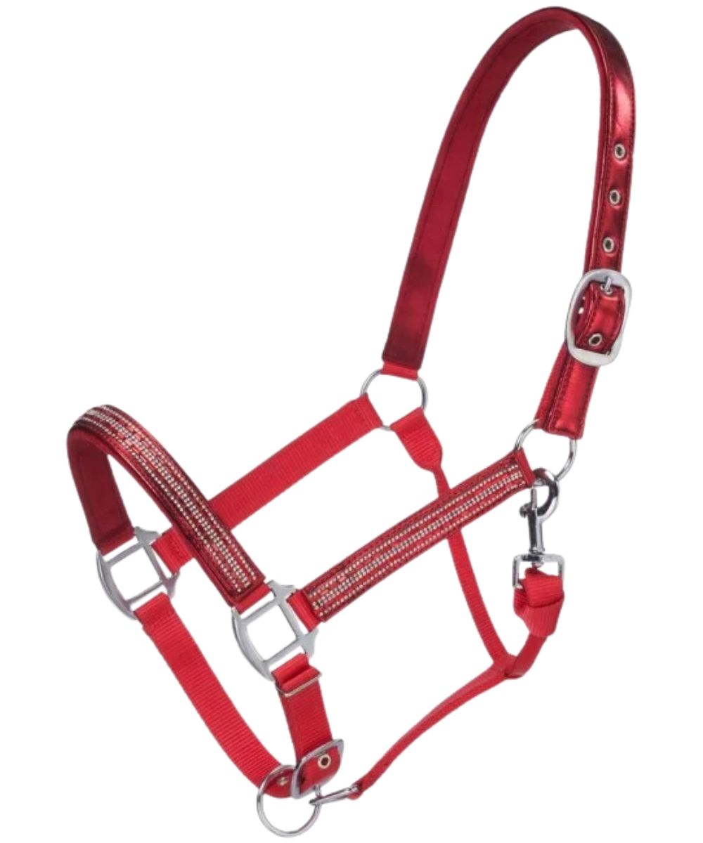 Side view of the miniature red nylon halter featuring the crystal accents