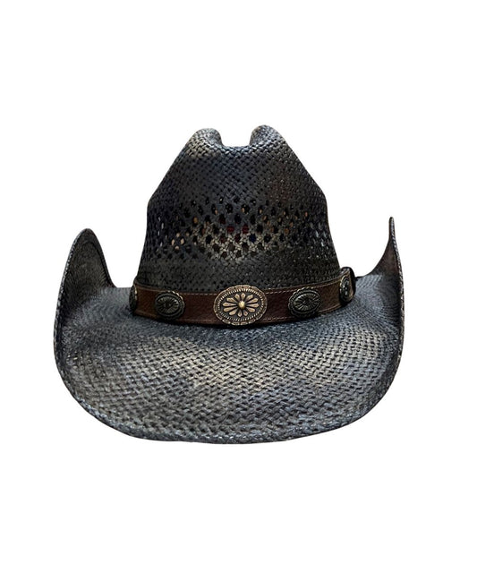 Dark brown cowboy hat with a decorative band on a white background