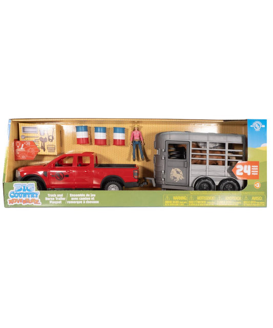 24-Piece Truck And Horse Trailer Playset With Cowgirl, Movable Horse, 3 Barrels, Tack, And More