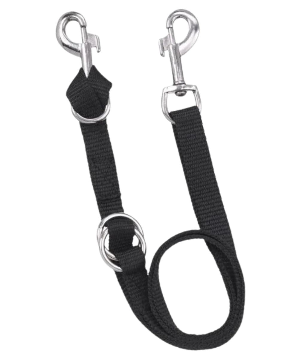Flat view of the Tough1 black nylon tie down for horses