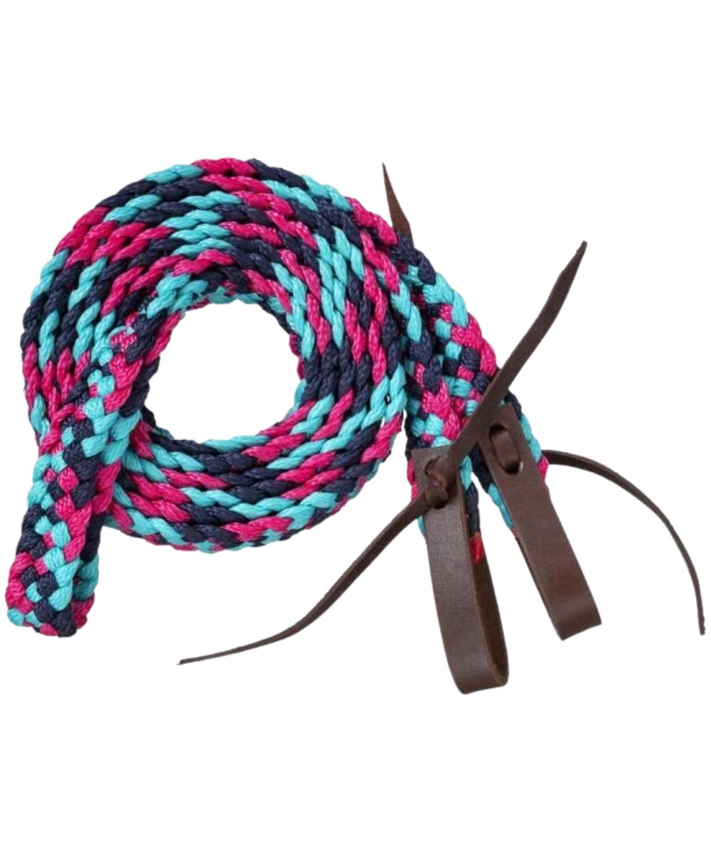 Tough1 hand-braided poly reins are fully adjustable with waterloop bit ends, in navy/teal/raspberry
