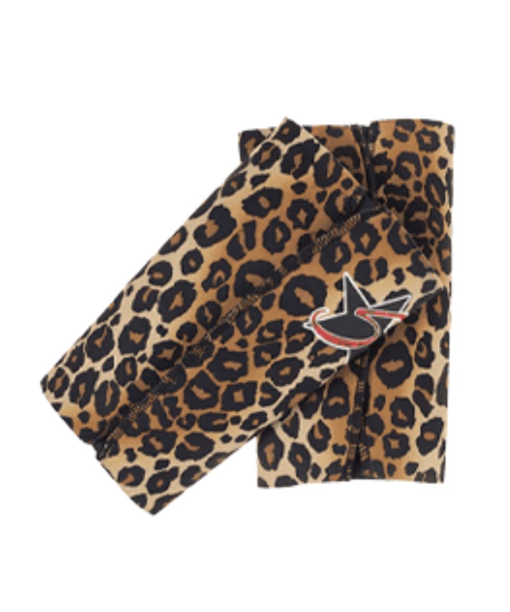 Flat view of the L/XL cheetah print barrel racing shin guards