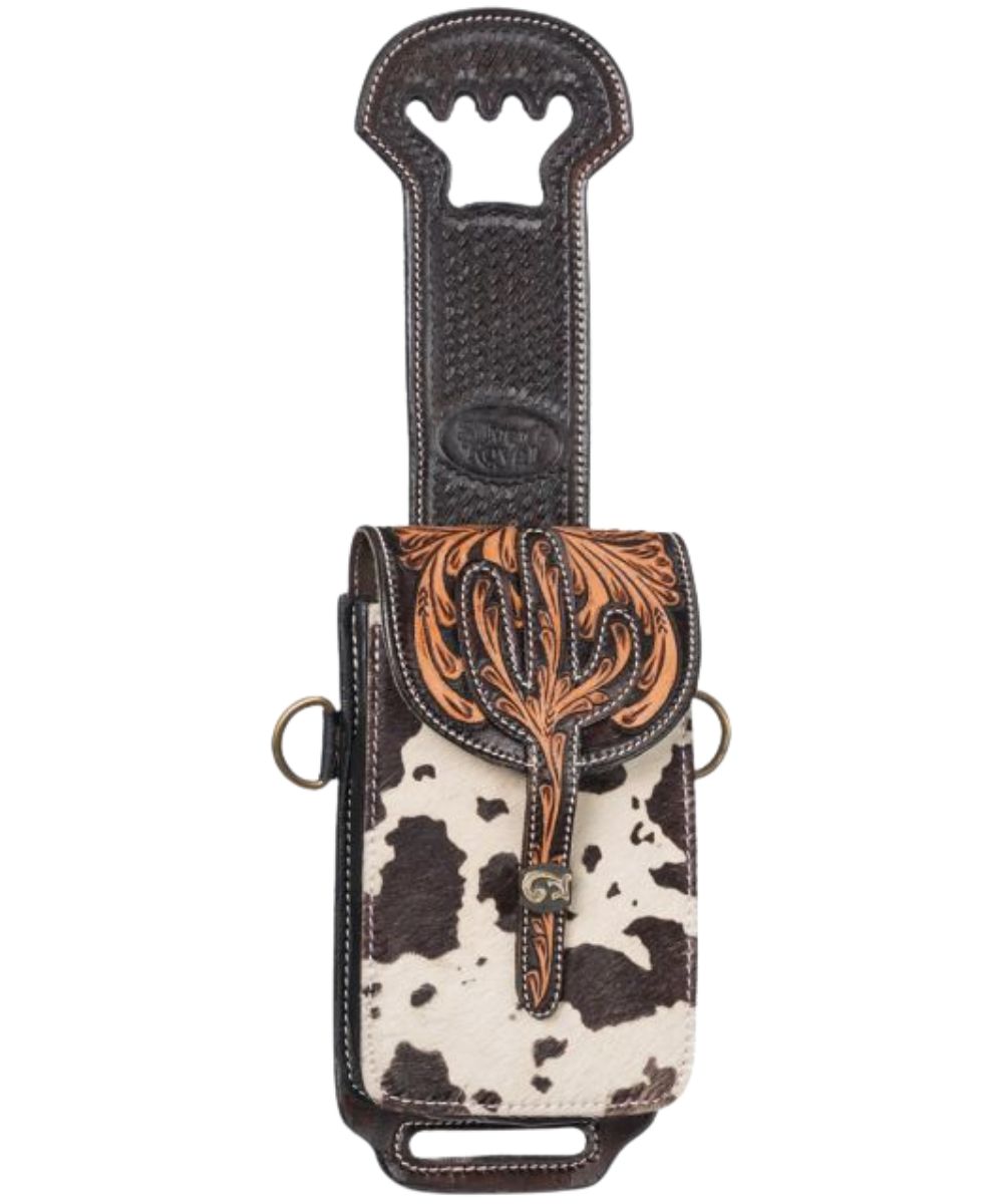 Front view of the leather Tough1 rear cinch/horn bag in hair-on print