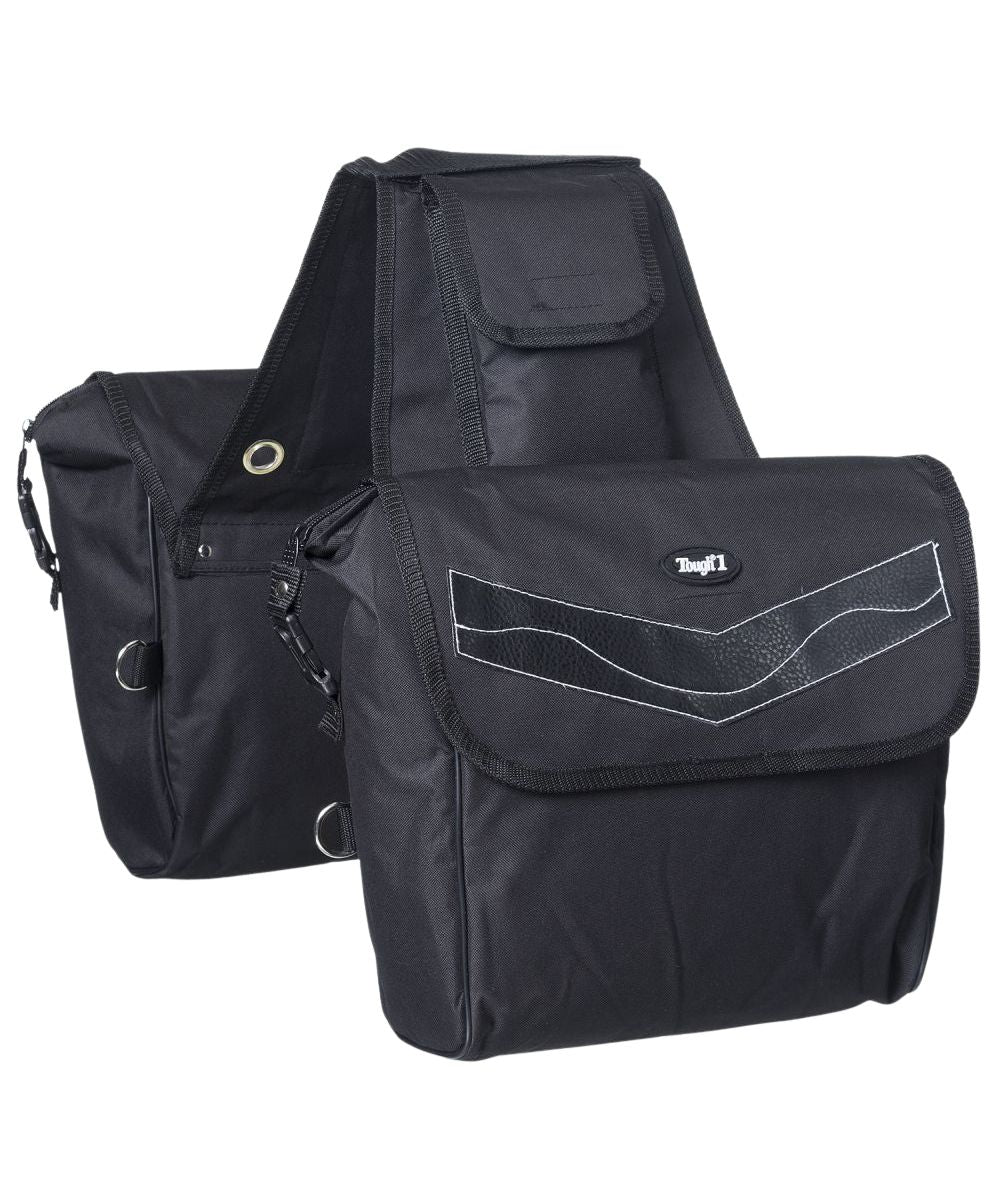 Extra-large nylon saddle bag by Tough1 featuring insulated side pouches with secure closure and 2 smaller pockets.