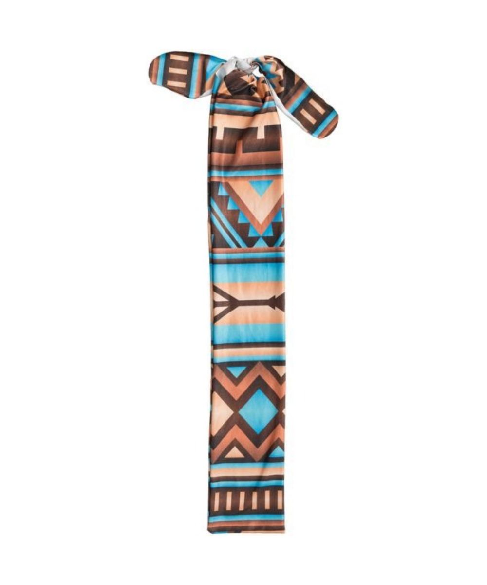A printed tail bag with a brown, tan, and turquoise aztec design