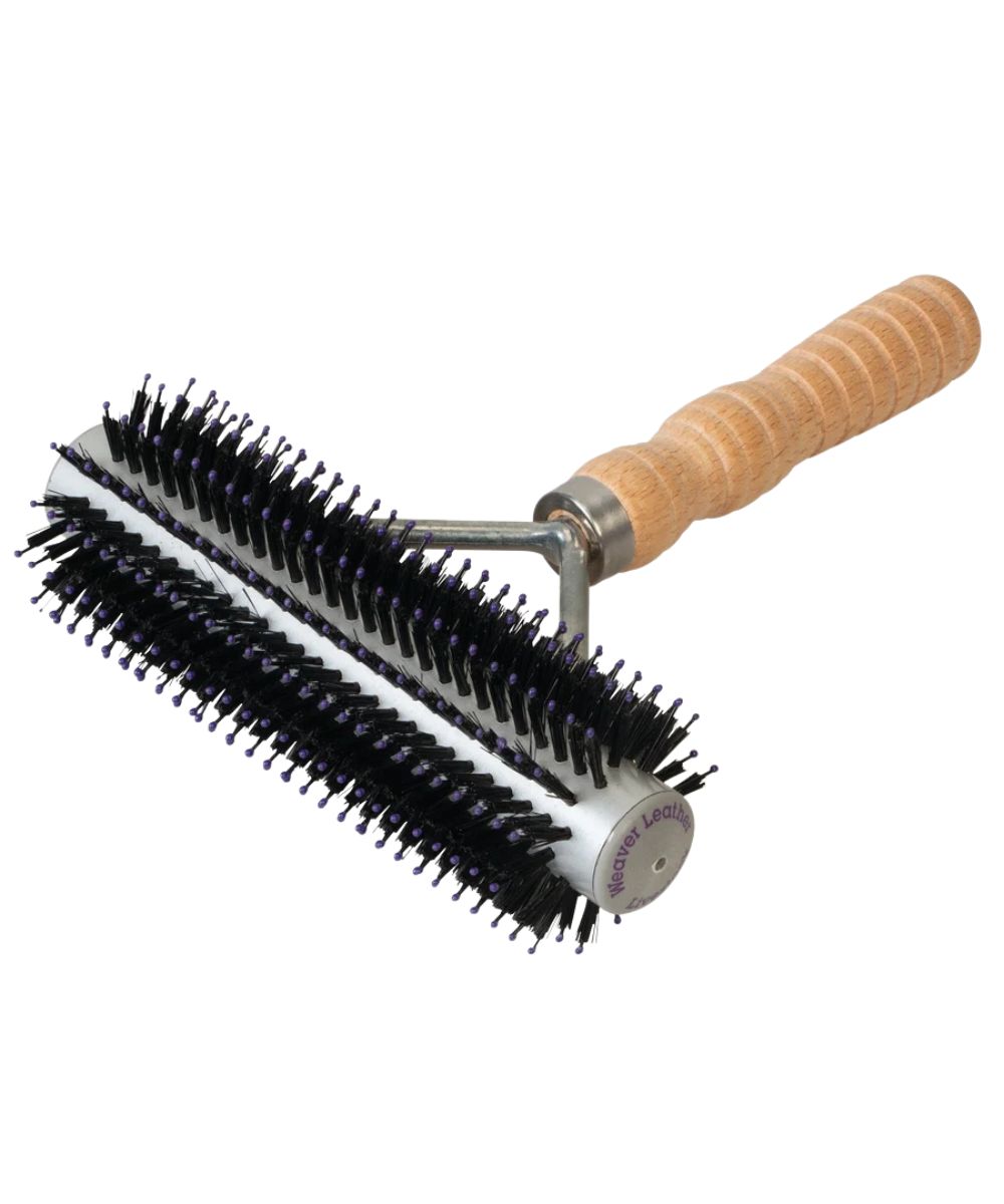 A round hair styler rolling brush with black bristles, a 6" wide round barrel, and a textured light brown wooden handle