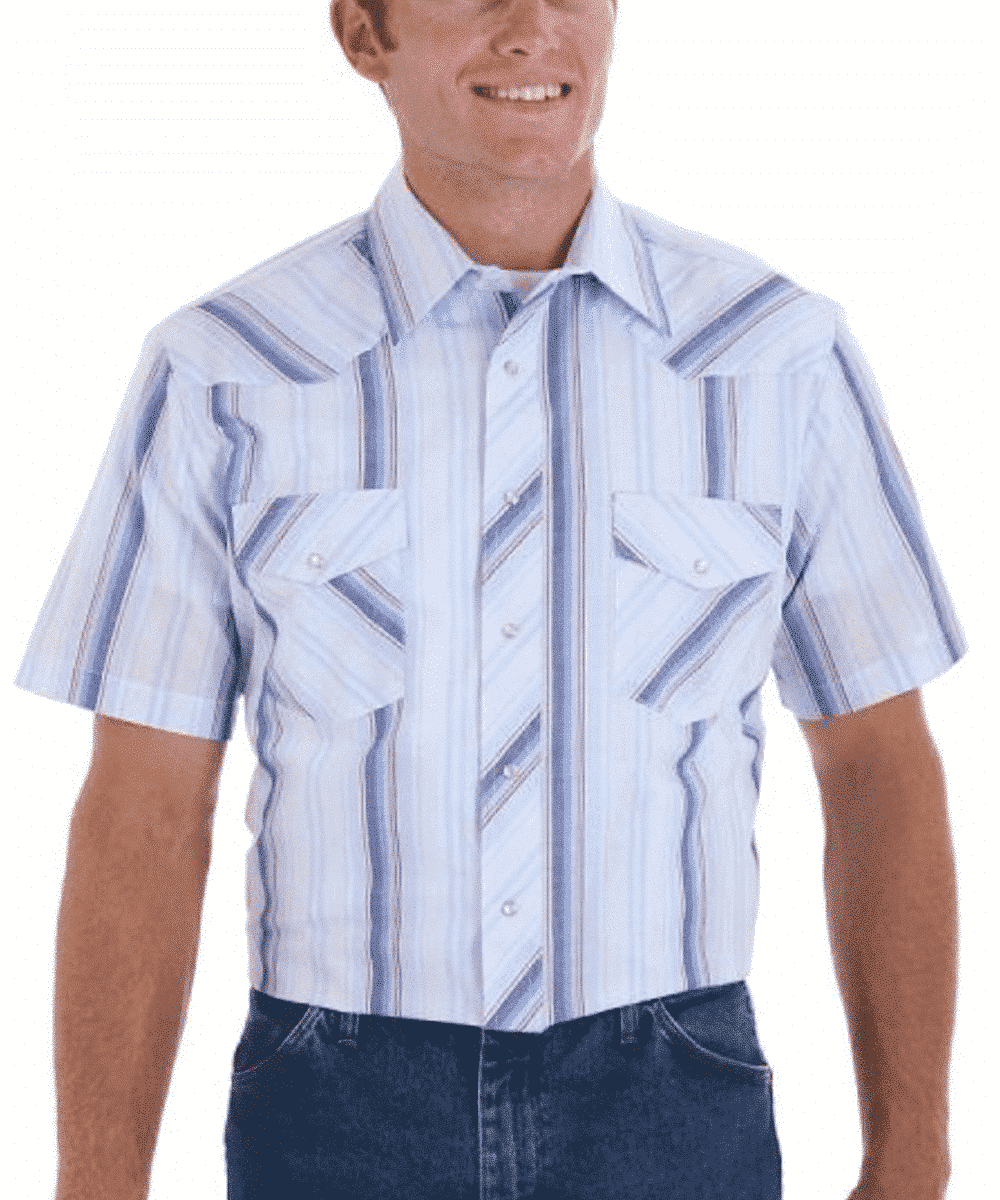 A man wearing a short-sleeve western-style button-up shirt with vertical and diagonal blue and white stripes, paired with dark blue jeans, against a plain white background.
