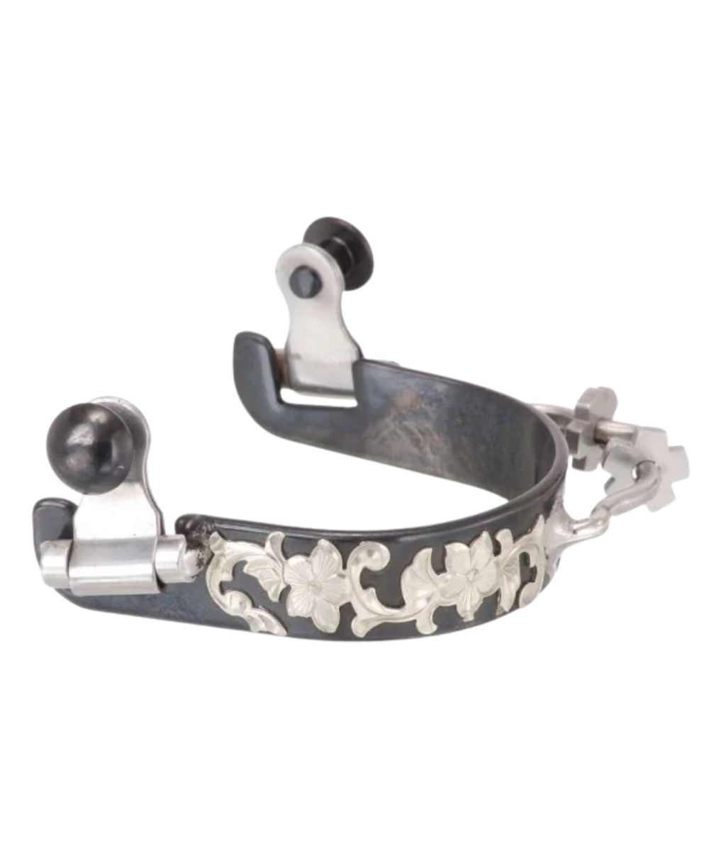 Women's Tough1 black steel bumper spurs with silver floral engraved overlays and 2 rowel bumpers