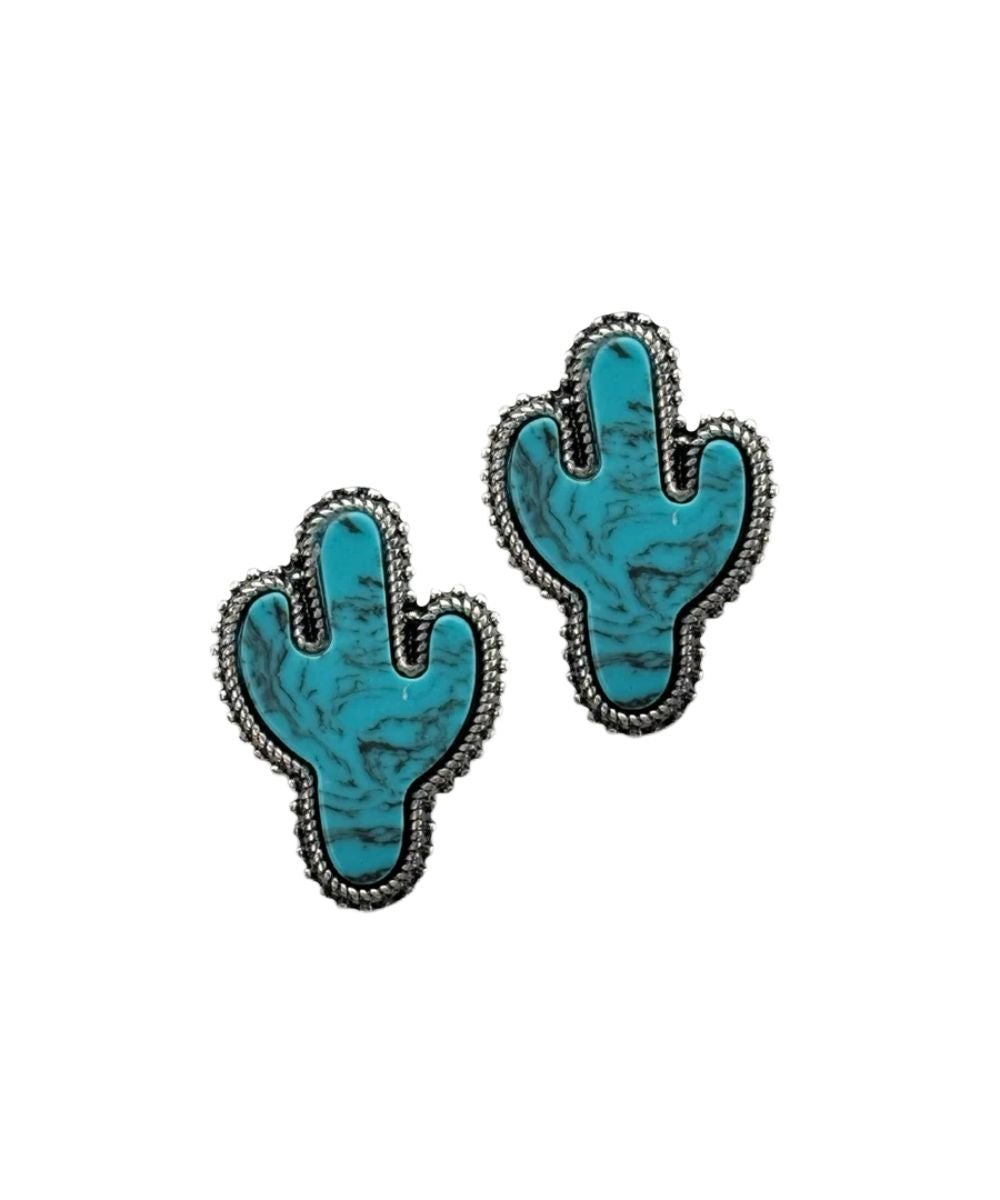 A pair of turquoise cactus-shaped stud earrings with silver-toned bezel settings, shown on a plain white background.
