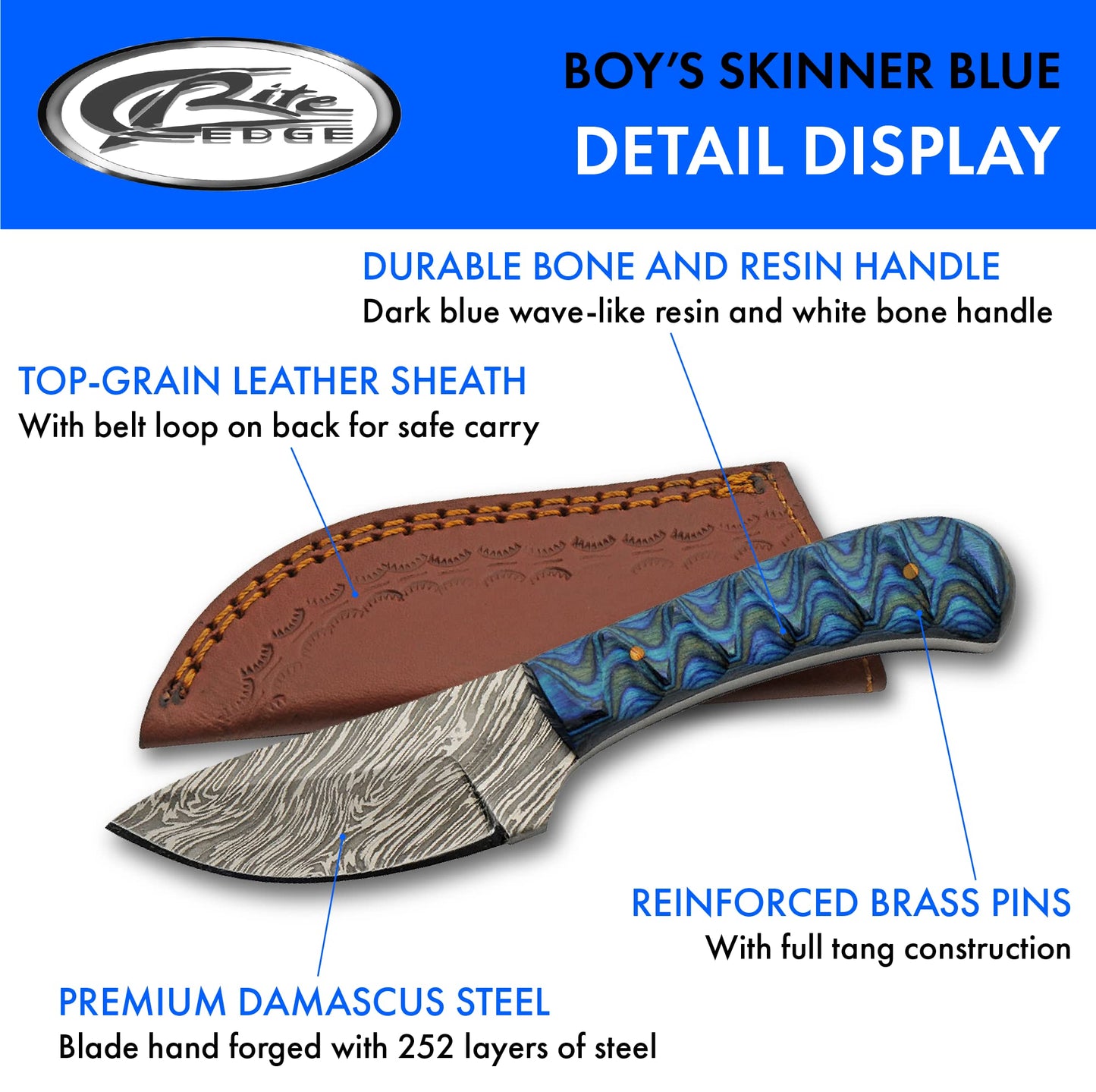 Double D Hunting Sanz Sapphire Damascus Grooved Wood Handle Full Tang Skinner Knife