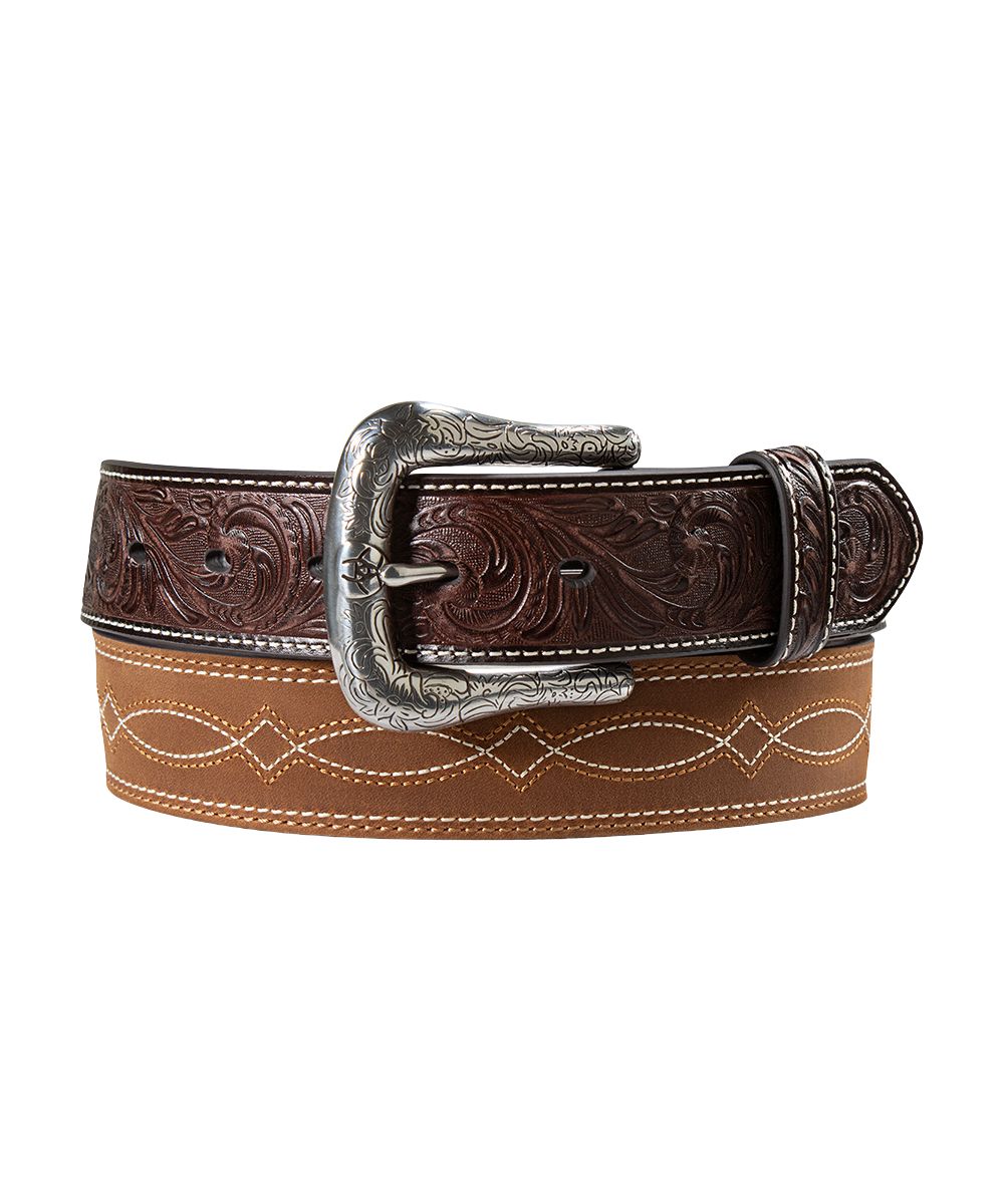 Men's Brown Leather Belt Featuring A Western Stitch Design, Floral Embossed Billets, And A Silver Belt Buckle