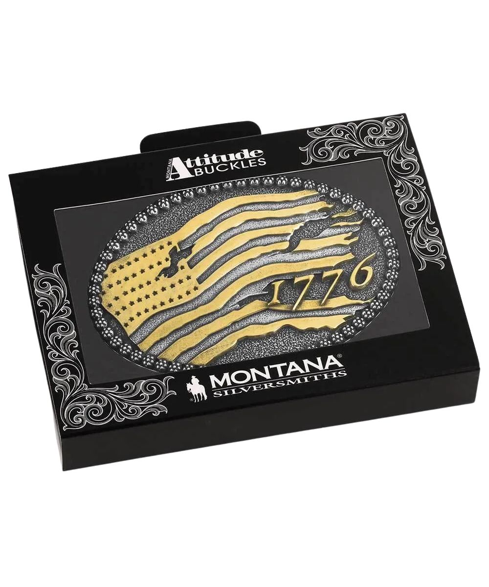 Boxed view of the oval birth of a nation belt buckle from the montana silversmiths attitude collection