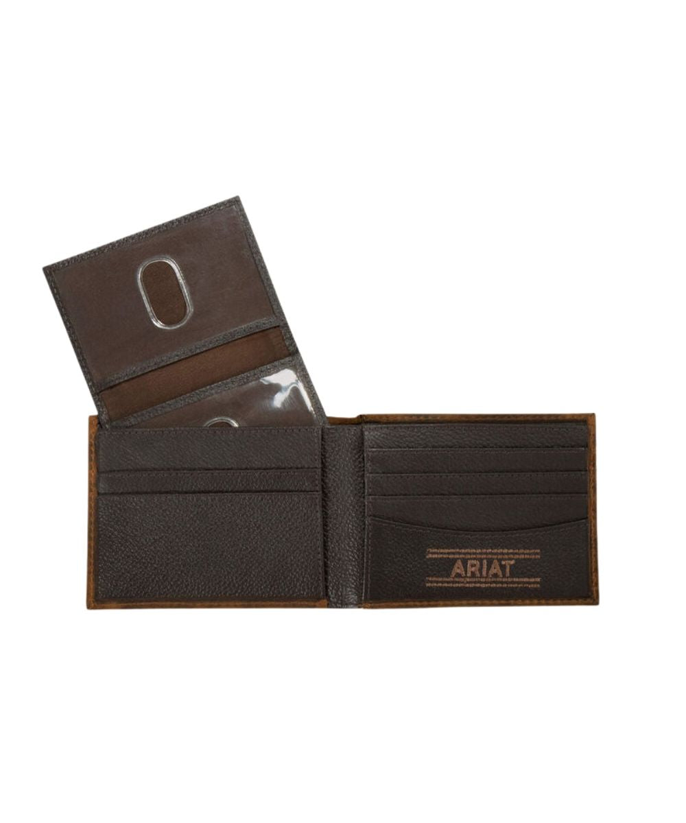 Interior view of the men's patriot flag brown bifold wallet featuring the card and cash slots