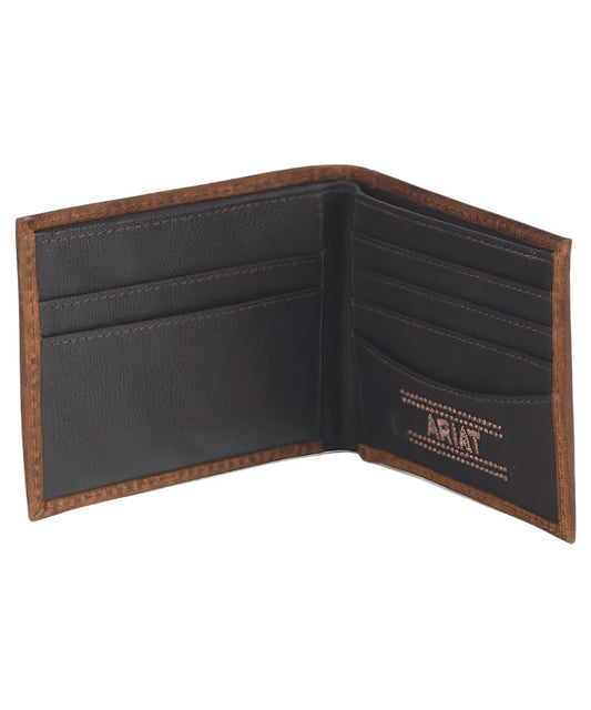 Interior view of the men's brown embossed shield logo bifold wallet featuring the card and cash slots inside