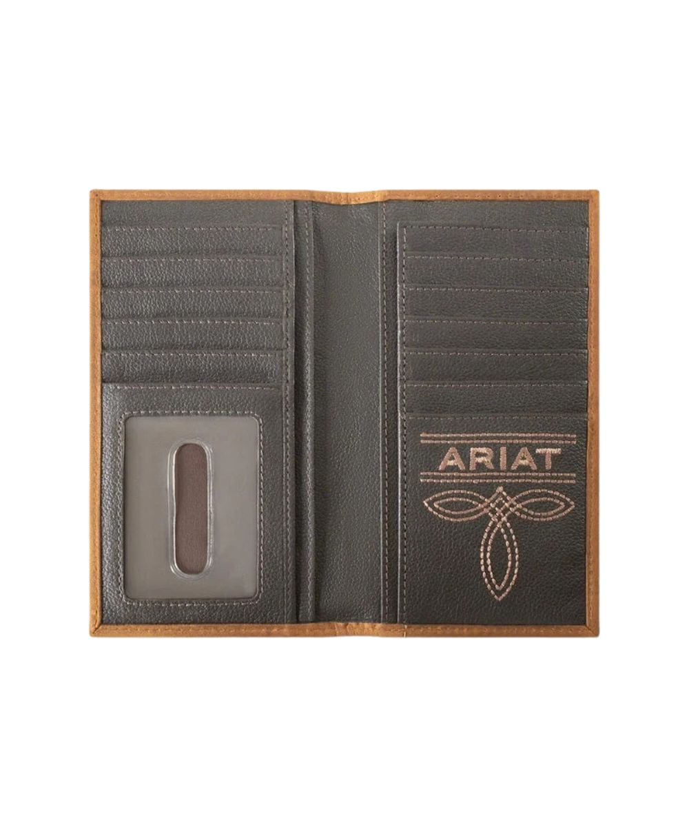 Interior view of the men's brown leather rodeo wallet featuring the checkbook slot, multiple card and cash slots, and an id window
