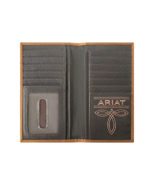Interior view of the men's brown leather rodeo wallet featuring the checkbook slot, multiple card and cash slots, and an id window