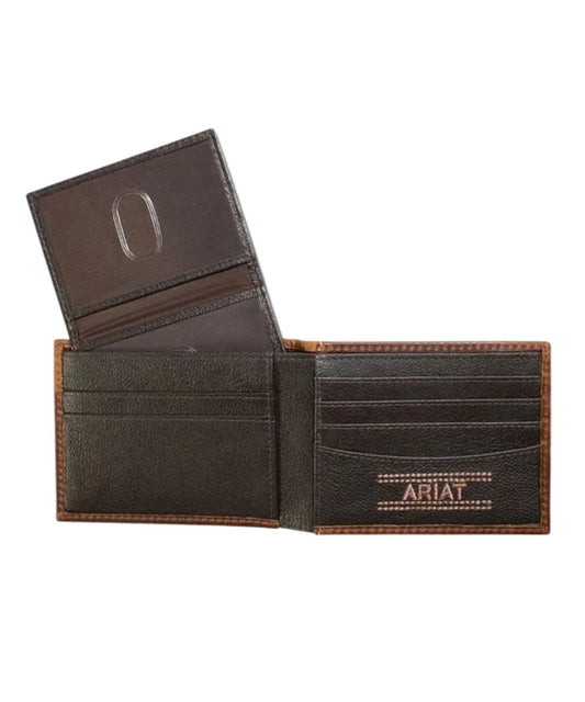 Interior view of the men's brown bifold leather wallet featuring the removable pass case, id window, and multiple card and cash slots