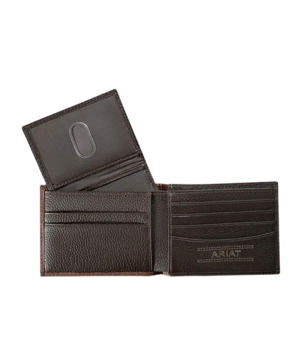 Interior view of the men's leather bifold wallet featuring the removable passcase, cash slots, card slots, and 2 ID windows