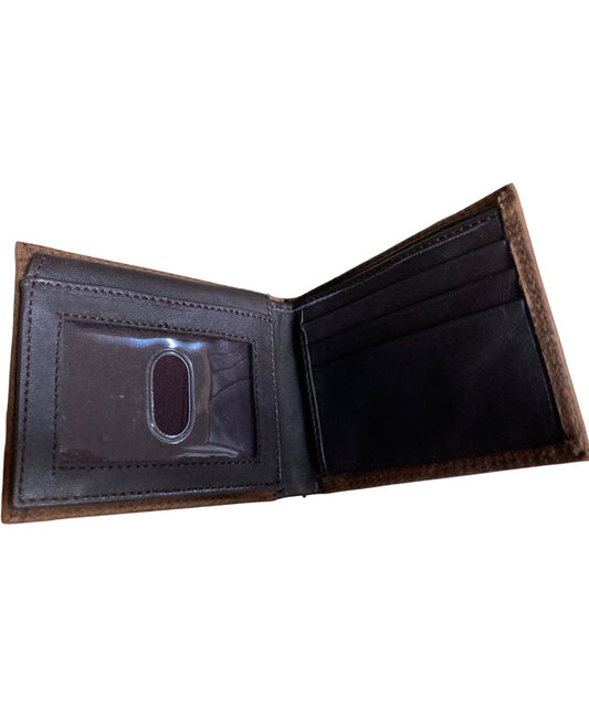 Interior view of the men's brown leather bifold wallet featuring the clear id flip-up slot, 6 card slots, 2 slip pockets, and 1 cash slot
