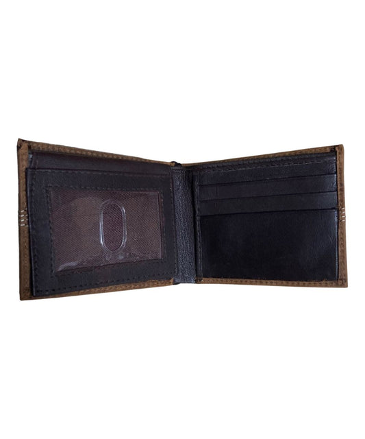 Interior view of the men's brown bifold wallet featuring the clear flip-up id slot, 6 card slots, 2 lateral slip pockets, and 1 cash slot