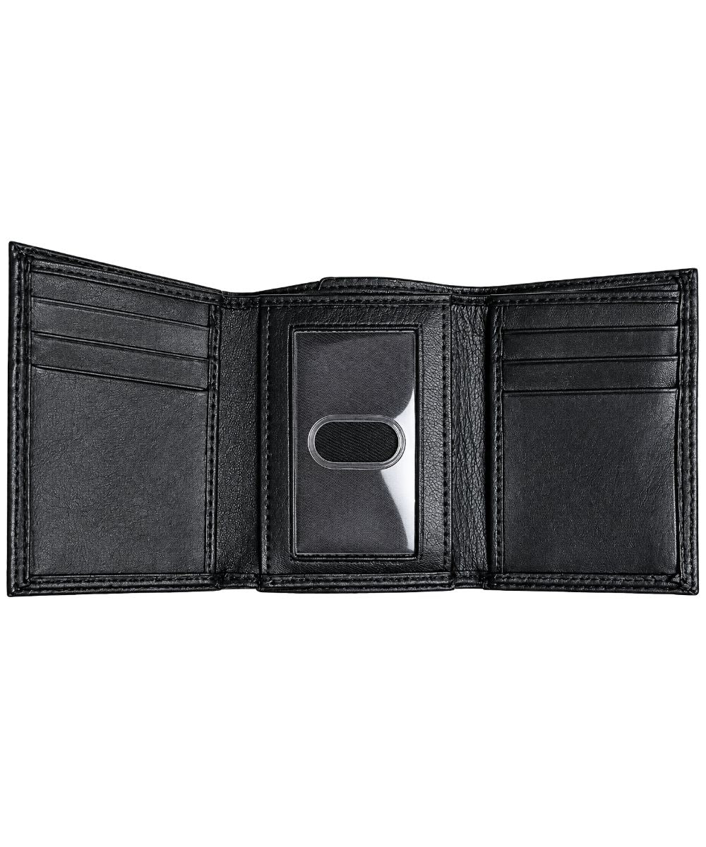 Interior view of the men's black leather trifold wallet featuring the clear id slot, 6 card slots, and 1 cash slot