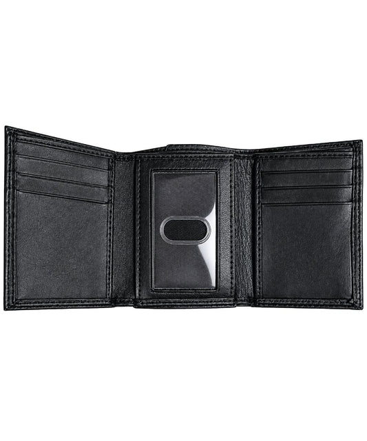 Interior view of the men's black leather trifold wallet featuring the clear id slot, 6 card slots, and 1 cash slot