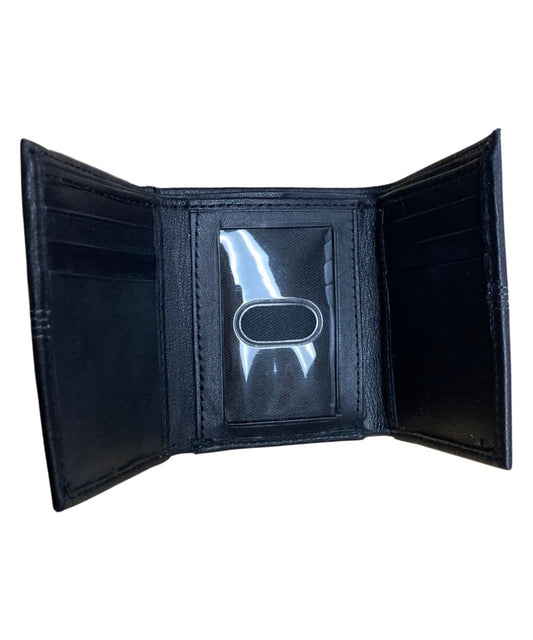 Interior view of the men's black leather trifold wallet featuring the clear id slot, 6 card slots, and 1 cash slot