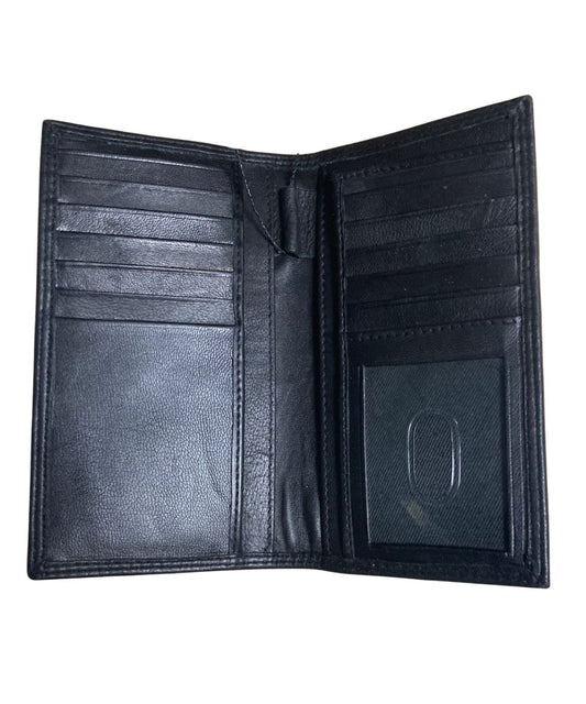 Interior view of the men's black leather rodeo wallet featuring the 1 clear id slot, 1 pen slot, 2 slip pockets, and 12 card slots