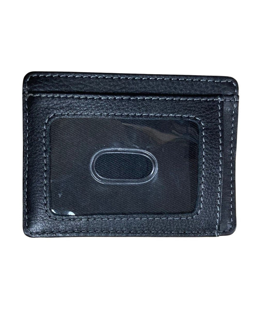 Back view of the men's black leather compact card holder wallet featuring the clear id slot and 1 card slot