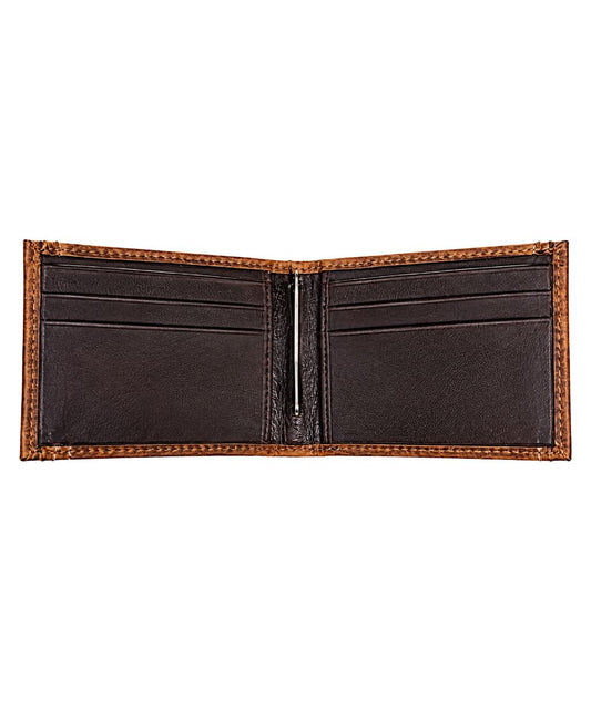 Interior view of the men's brown leather bifold wallet featuring the 6 interior card slots and an interior money clip