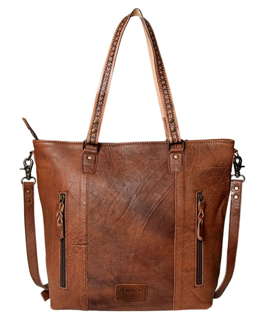 Smooth brown leather back with a dual-entry zippered pocket.