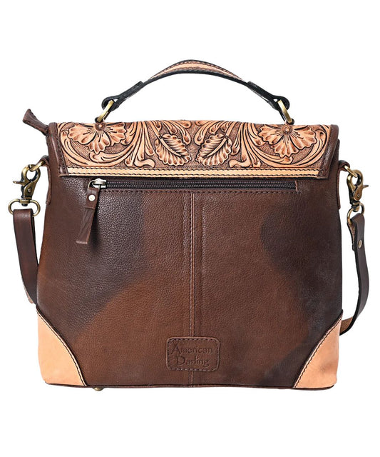 Smooth brown leather back featuring a zippered pocket and top carry handle.