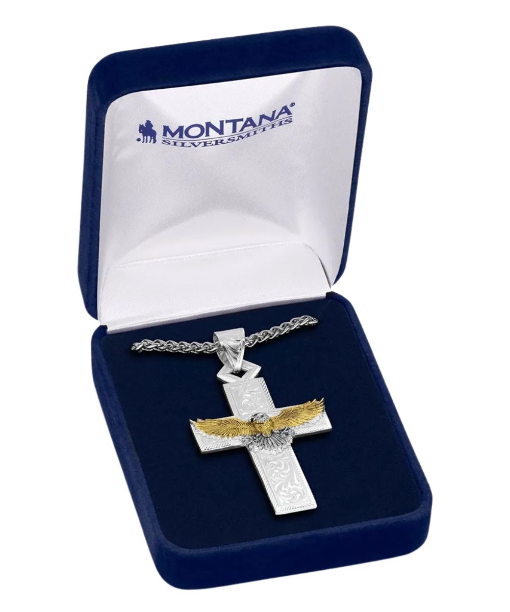 Boxed view of the men's under open skies american made cross necklace