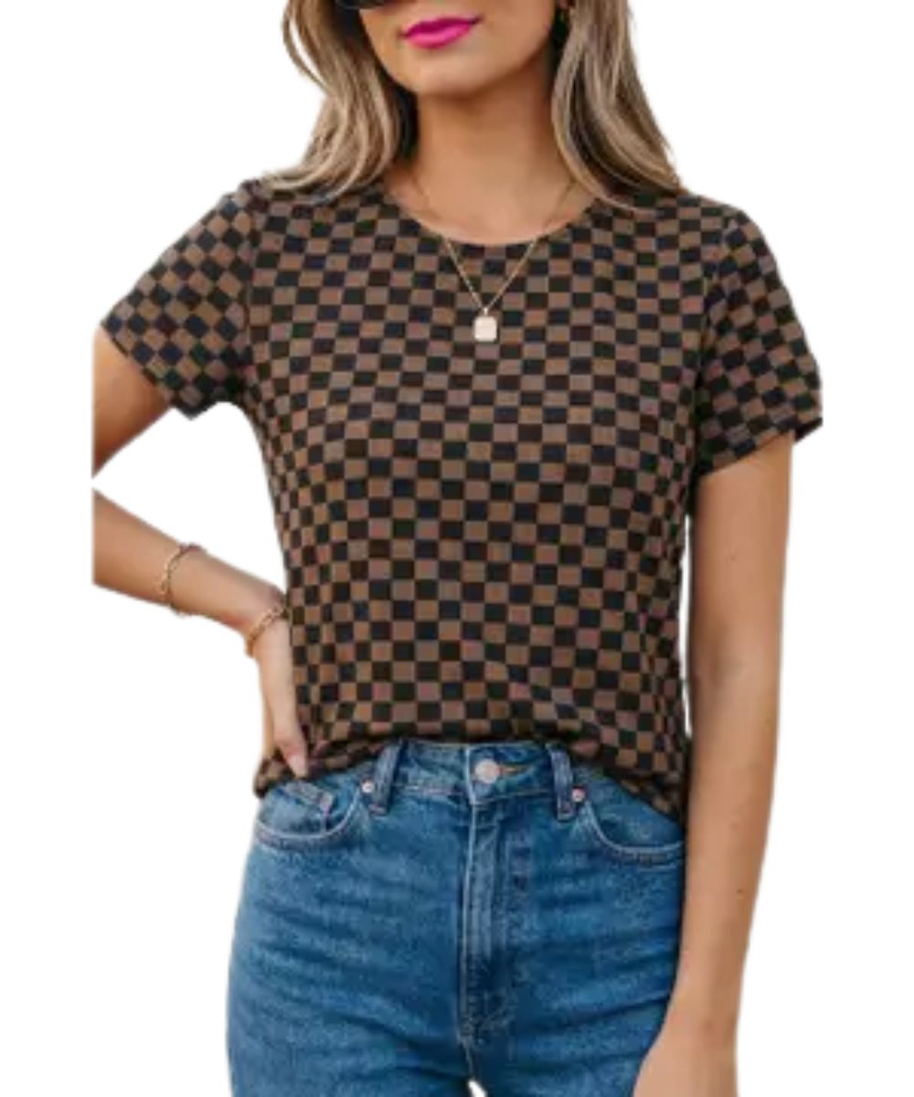Front view of the women's Aapparella black and brown checkered top featuring the short sleeves and round neckline