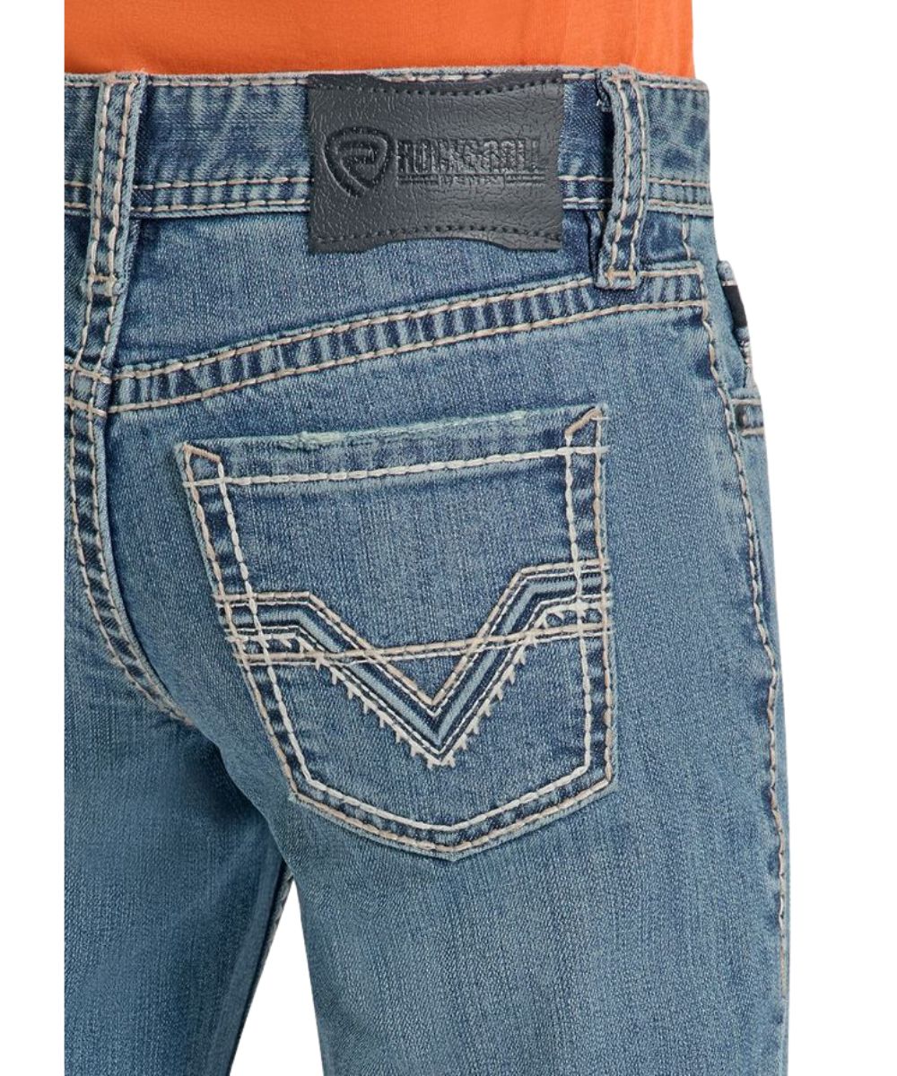 Close-up view of the two tone embroidered back pocket design