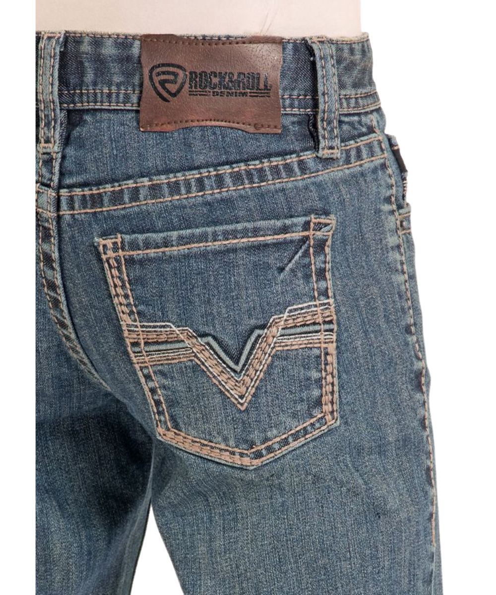 Close-Up View Of The Feather Stitch Embroidered Back Pockets, This Jean Features An Internal Adjustable Waistband