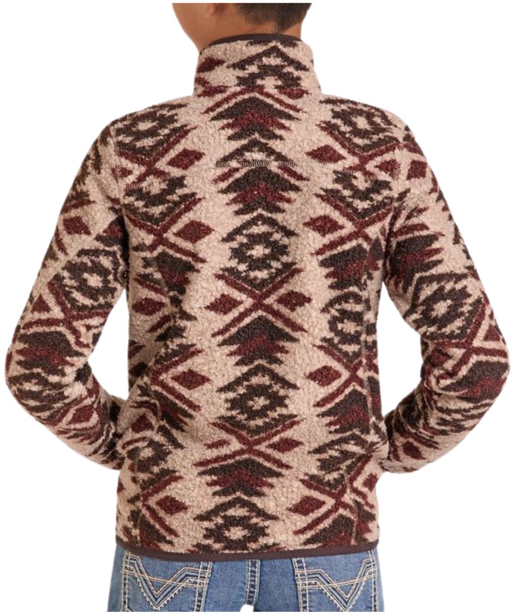 Back view of the boy's long sleeve pullover featuring the natural/brown aztec print