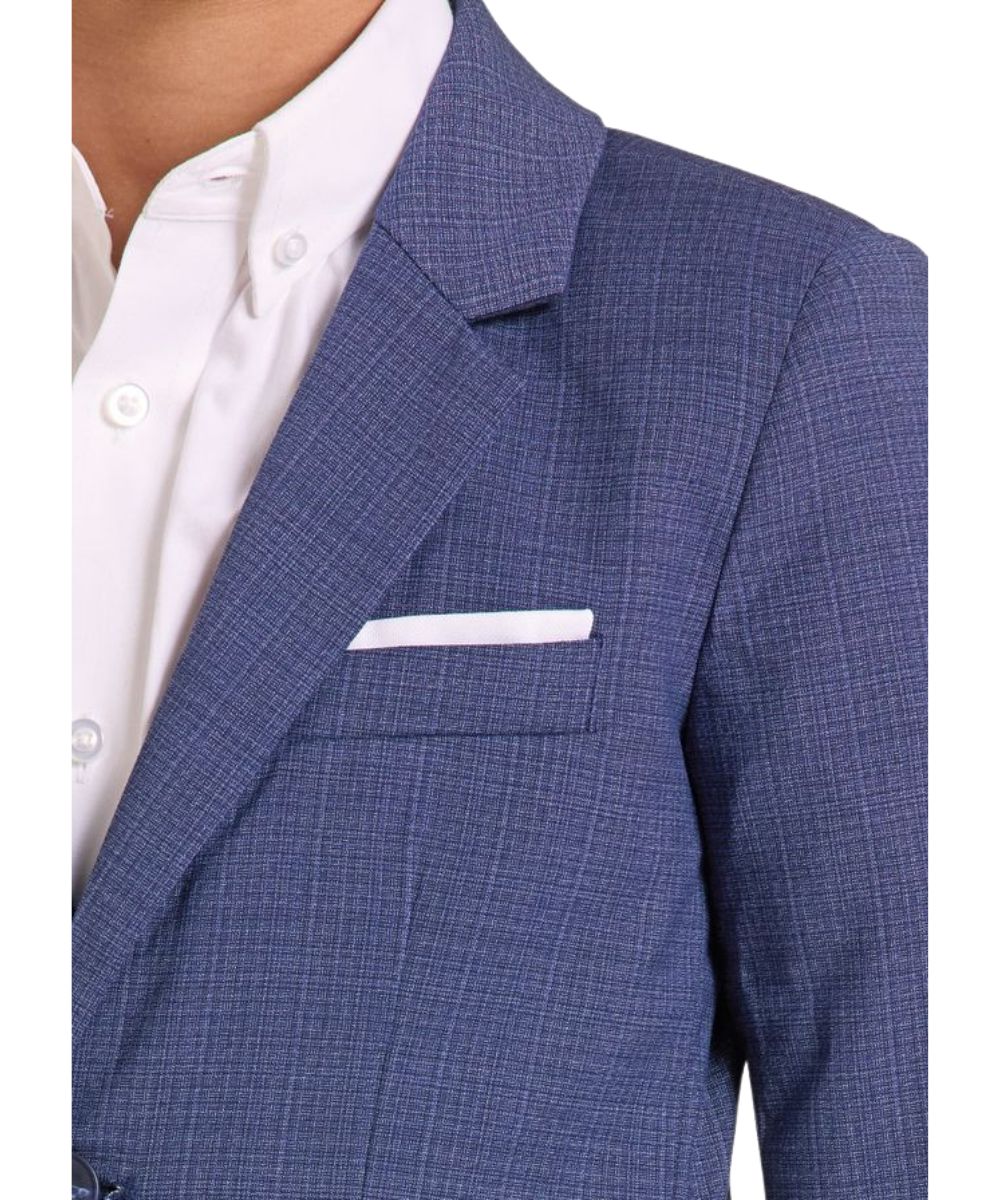 Close-up view of the blue crosshatch plaid print, white pocket square, and notched lapel collar