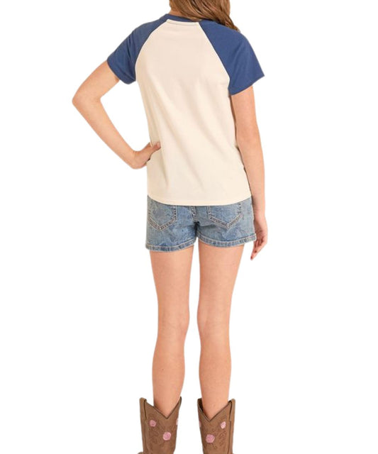 Girl's Graphic Tee Featuring Short Navy Raglan Sleeves