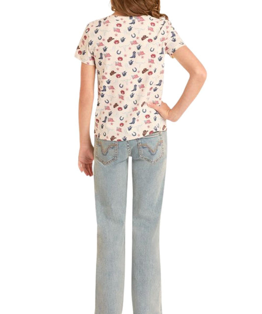 Girl's Short Sleeve American Printed Graphic Tee In A Natural Color