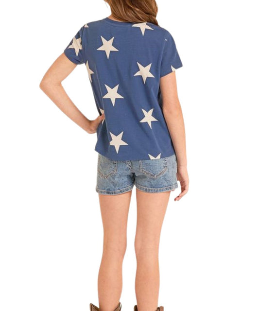 Back View Of The Girl's White Star Printed Navy Tee
