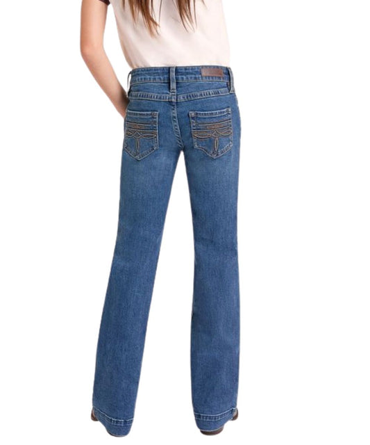 Back view of the girl's medium wash trouser jean