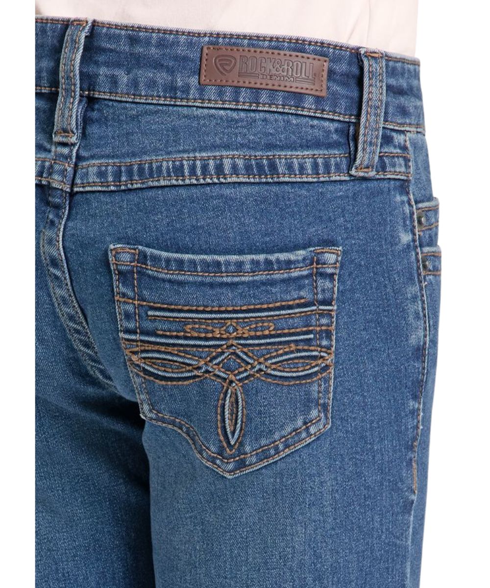 Close-up view of the raised denim boot stitched embroidered back pocket design