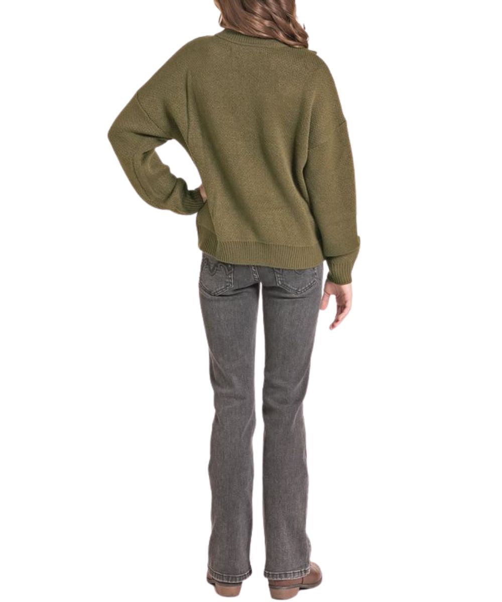 Back view of the girl's long sleeve olive green sweater featuring the dropped shoulders, crew neck, and rib knit trim