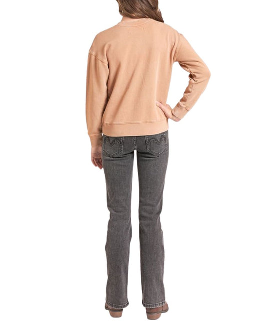 Back view of the girl's cotton khaki pullover featuring the dropped shoulders