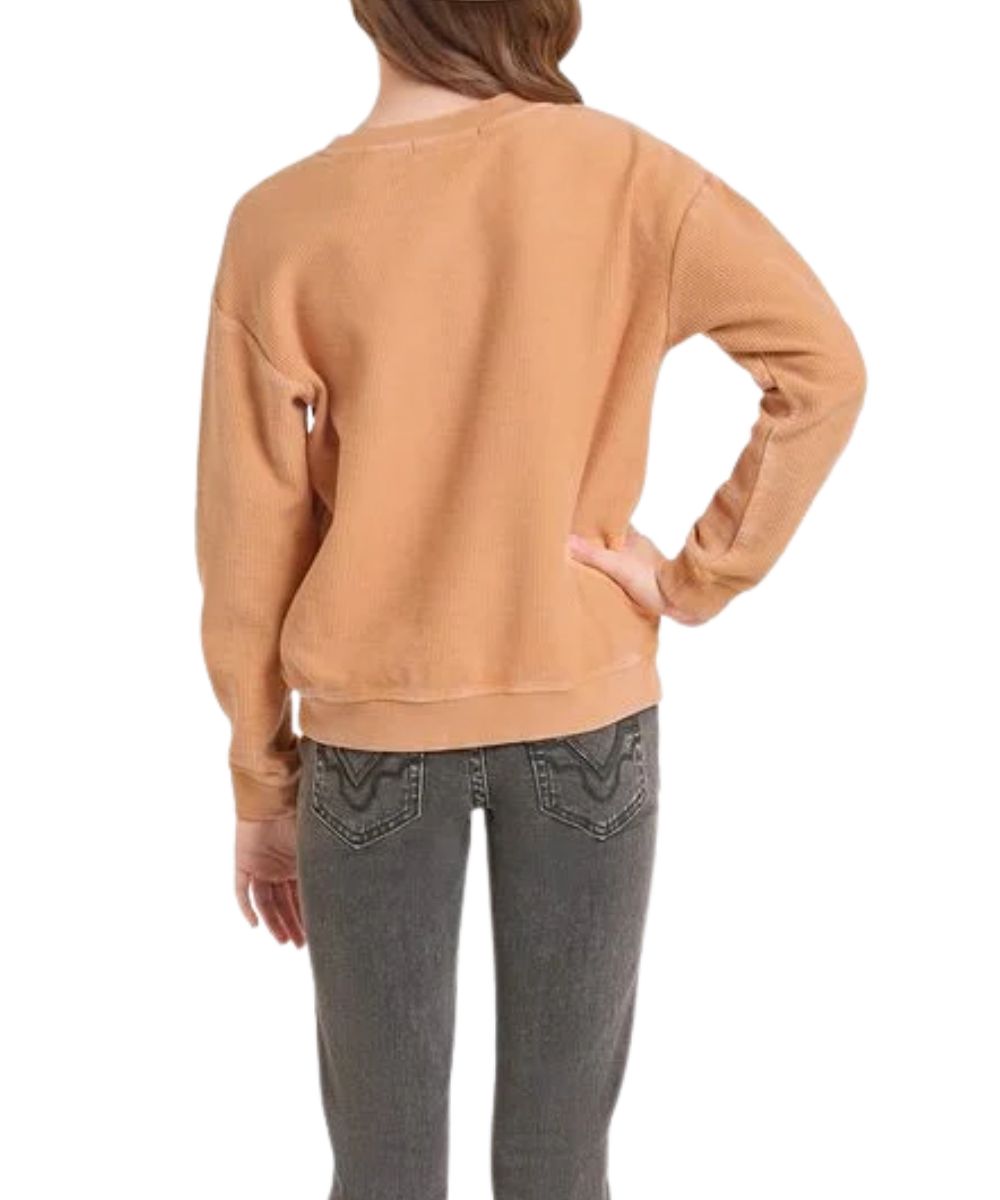 Back view of the girl's gold graphic pullover featuring the long sleeves, crew neck, dropped shoulders, and rib knit trim