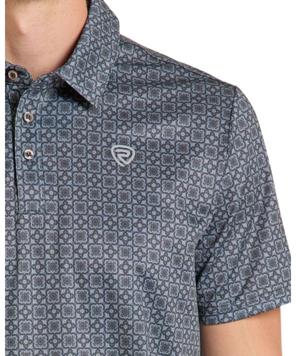 Close-up view of the black medallion print