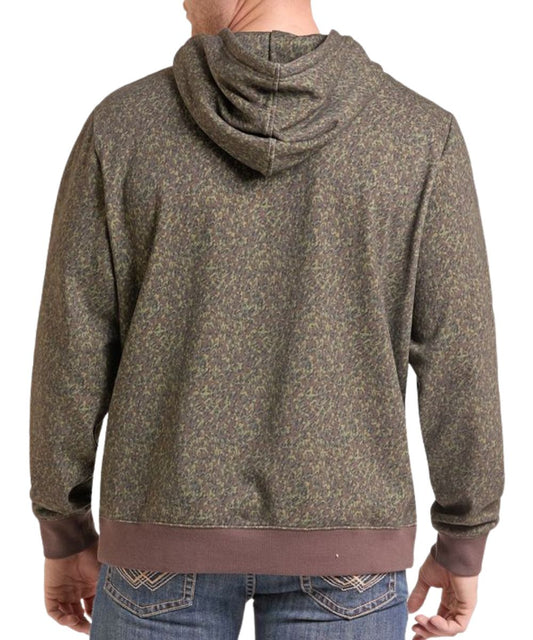 Back view of the men's long sleeve olive camo hoodie featuring the hooded collar and contrast trim